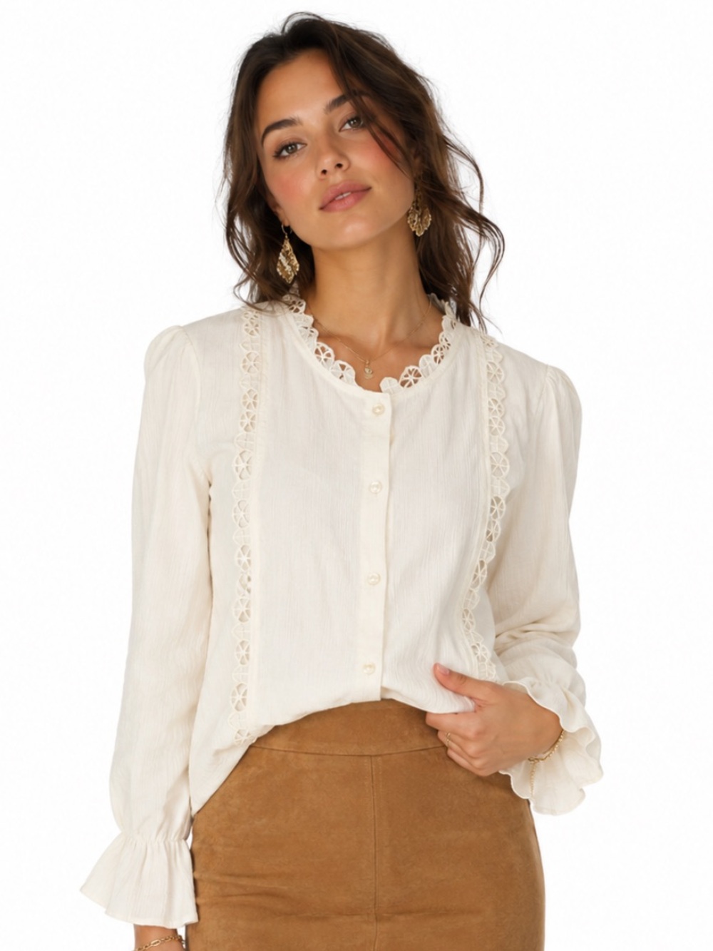Moly Ivory Lace-Trim Button-Front Blouse